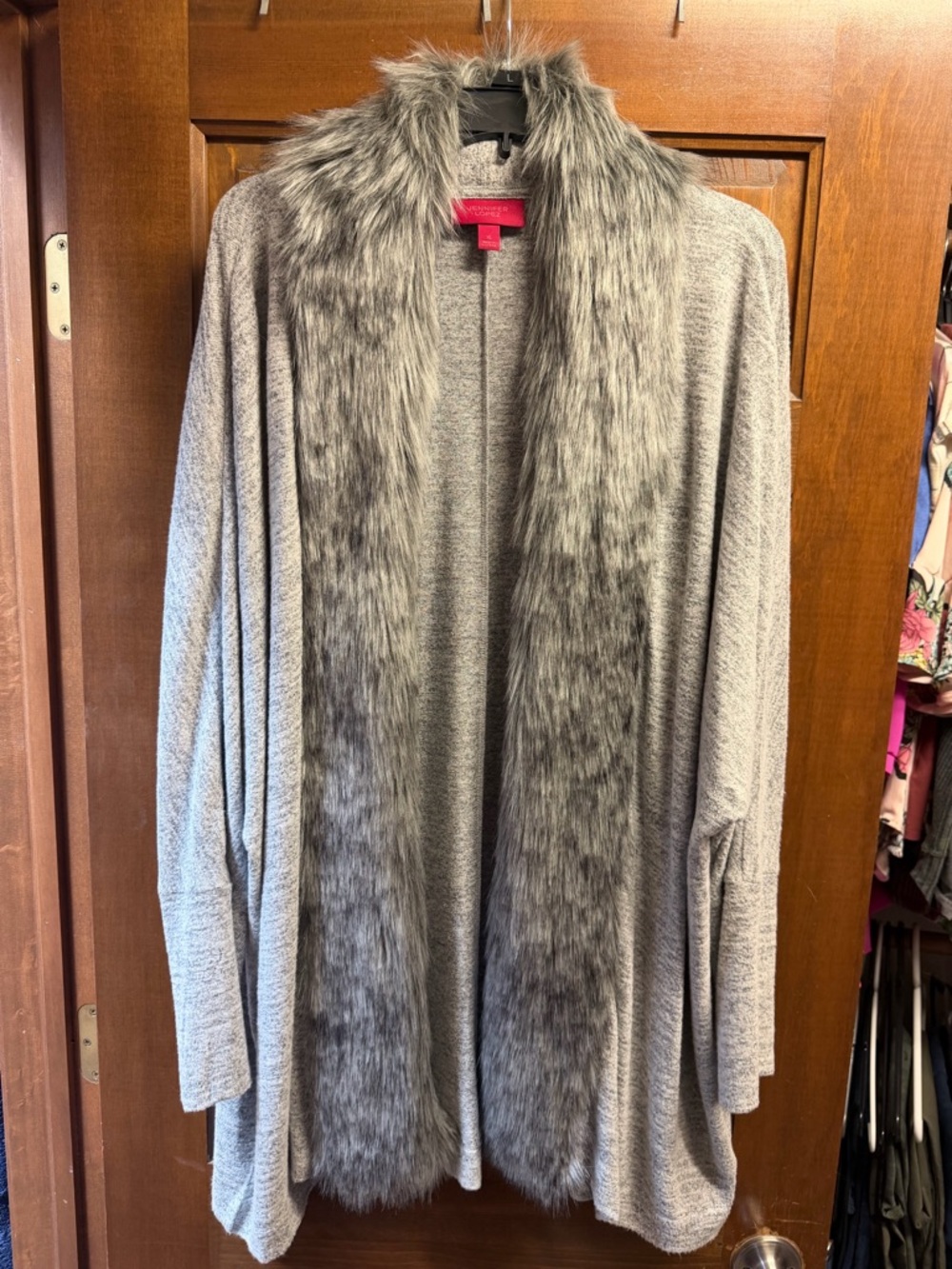 Jennifer Lopez Gray Open-Front Cardigan with Faux Fur Trim